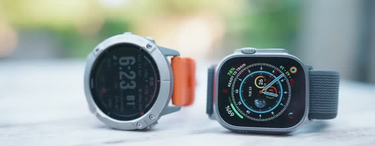 The Garmin and the Apple Watch Ultra, side by side